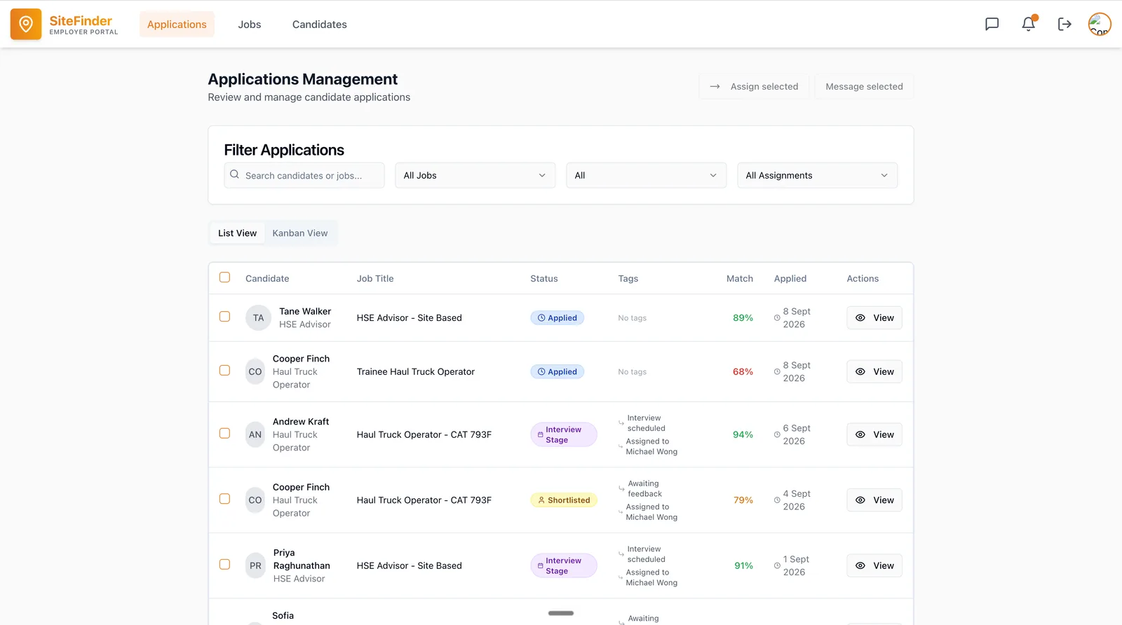 SiteFinder employer applications list with match scores and assignments